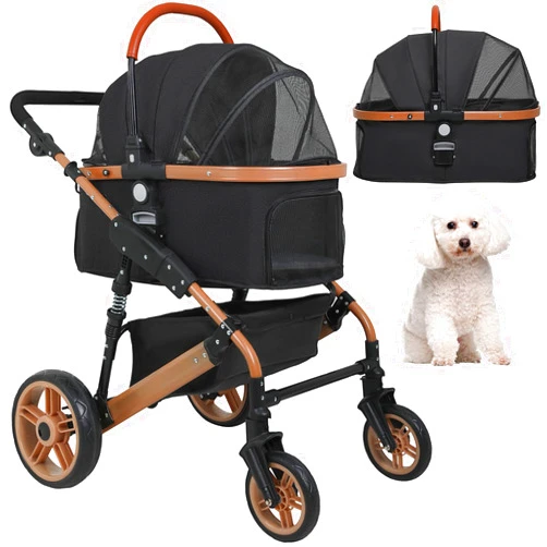 BestPet Pet Stroller Premium 3-in-1 Multifunction 4 wheels Dog Cat Stroller for Large Medium Dogs Cats Aluminium Frame Folding Lightweight Travel Stroller with Detachable Carrier,66lbs Capacity, Black