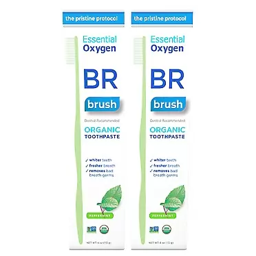 Essential Oxygen BR Certified Organic Toothpaste, for Whiter Teeth, Fresher Breath, Happier Gums, Tooth Sensitivity, Peppermint, 4 Ounce, 2 Count