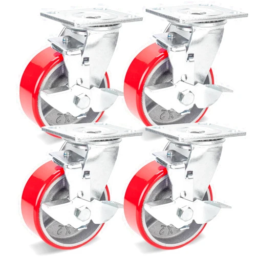 Nefish 5 Inch Industrial Casters Set of 4, Heavy Duty Casters with Brake 4000 Lbs, No Noise Polyurethane Wheel on Steel Hub, Swivel Plate Caster Wheels for Toolbox Workbench (4 Swivel & Brakes)
