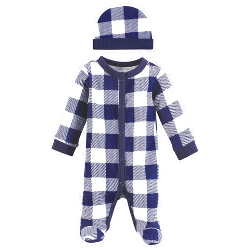 Hudson Baby Unisex Baby Thermal Preemie Sleep and Play and Cap, Navy Plaid, Preemie