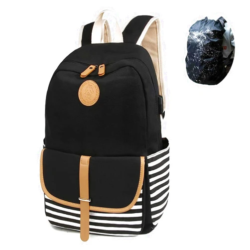 SCIONE Backpacks for Women Teen Girls, Big Kid Large Capacity Book Bag with USB Charger Port,Cute Canvas Bookpack -Durable Black Stripe Backpack,Travel Laptop Backpack,Back to School Gift for Girls