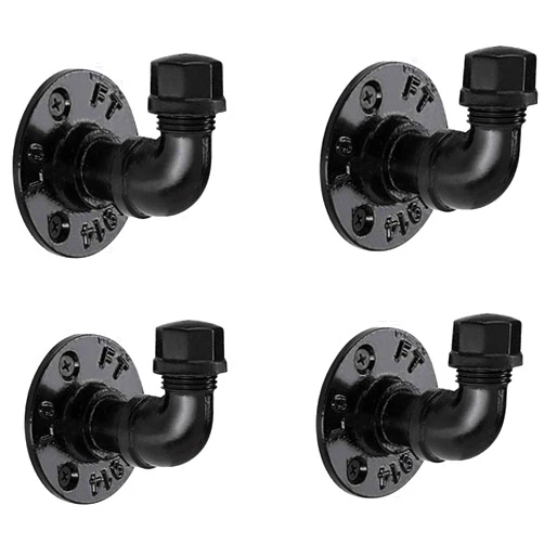 Pynsseu Industrial Pipe Hooks 4 Pack, Iron Robe and Towel Hook, Heavy Duty DIY Wall Mounted Rustic Coat Hanger Hat Holder, Matte Black Hook