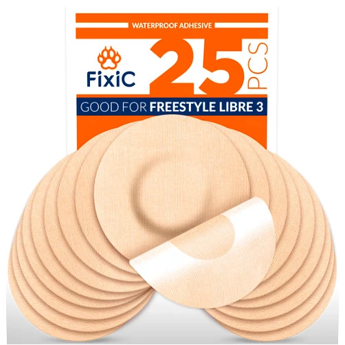 Fixic Freestyle Adhesive Patches 25 PCS – Good Only for Libre 3 – NO Glue in The Center of The Patch – Pre-Cut Back Paper – Long Fixation for Your Sensor! (Tan)
