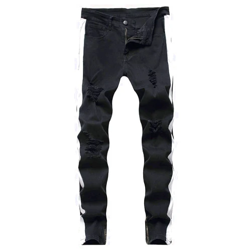 LONGBIDA Men's Slim Fit Jeans Stretch Destroyed Ripped Skinny Side Striped Ankle Zipper Denim Pencil Pants
