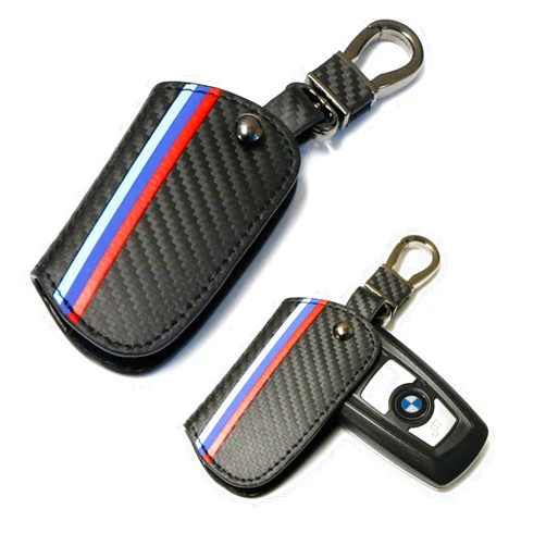 iJDMTOY M-Colored Stripe Black Carbon Fiber Pattern Leather Key Holder with Keychain Compatible With BMW 1 2 3 4 5 6 7 Series X3 Remote Fob