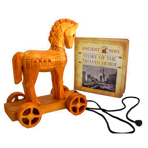 Johnny World Ancient Toys - Wooden Trojan Horse Pull Toy with Hardcover Book! Teach Children About History Through Interactive Play