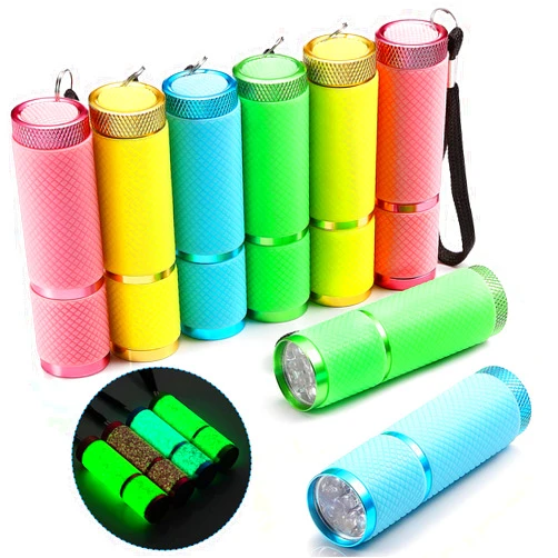 Mudder 8 Pieces Glow in Dark Flashlights 9 LED Rubber Coated Flashlights with Handle Mini Torch LED Fluorescent Flashlight Aluminum Portable Handy Flashlight for Party Hiking Camping in 4 Colors