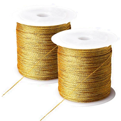 Pengxiaomei 218 Yards/656 Feet Metallic Cord Gold Twine, 2 Spool Gold Thread String for Bracelet Making Jewelry Making Thread Gold Craft String Tinsel String Craft Making Cord(0.5mm)