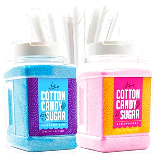 The Candery Cotton Candy Floss Sugar 32oz (2-Pack) Includes 100 Premium Cones | Raspberry Blue and Strawberry | Plastic, Reusable Jars | Easy Pour Spout or Scoop | Includes Scooper | 2 LBS Jars
