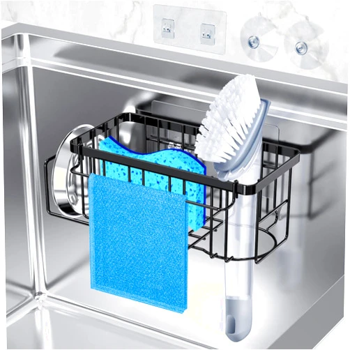 StorageRight 4-in-1 Sponge Holder for Kitchen Sink, Kitchen Organizers and Storage with Adhesive Hook & Suction Cups, Rustproof Sink Caddy for Kitchen Decor, Kitchen Sink Organizer - Black