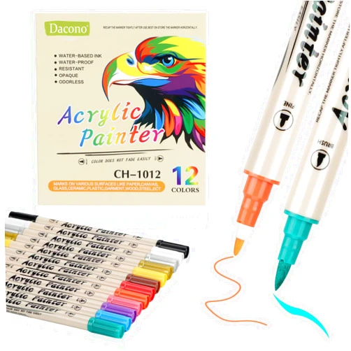 Dacono 12 Colors Acrylic Paint Markers Set, Waterproof Permanent Dual Tip Brush Pen, Drawlish Acrylic Paint Pens - Acrylic Dot Markers Pen For DIY Projects,Wood, Fabric, Porcelain, Ceramic, Stone