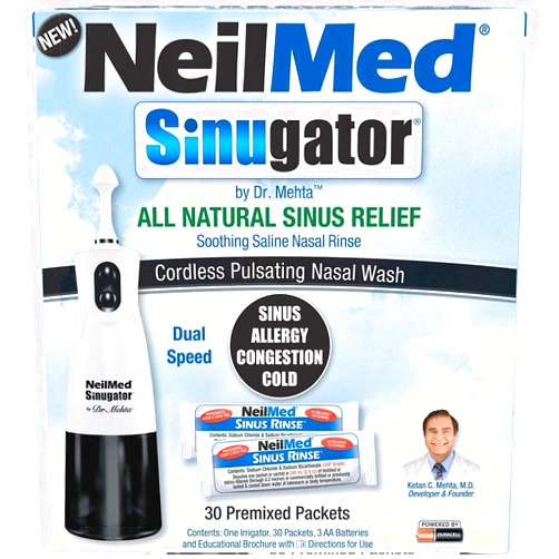 NeilMed Sinugator Cordless Pulsating Nasal Irrigator (Dual Speed) with 30 Premixed Packets and 3 AA Batteries - Black (Pack of 1)