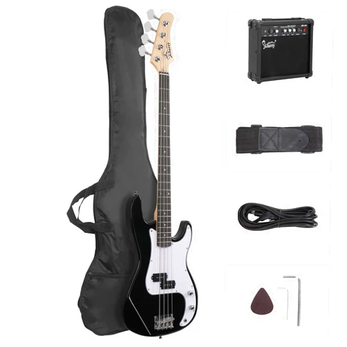 GLARRY Full Size Electric Bass Guitar Beginner Kit 4 String with AMP, Cable, Strap, Bag and Accessories (Black)