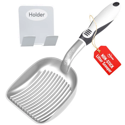iPrimio Cat Litter Scooper Deep Shovel with Holder - (Silver XL) - Non-Stick Pooper Scooper Shovel Kitty Litter Sifter - Patented Solid Aluminum Poop Scooper with Long Handle, Easy Grip, Pet Supplies