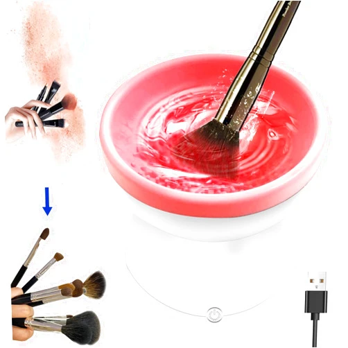 Auzeuner Makeup Brush Cleaner Machine, Electric Makeup Brush Cleaner Machine for Makeup Brush,Portable Automatic USB Cosmetic Brushes Cleaner Cleanser Tool for All Size Beauty Makeup Brush Set (White-Pink)