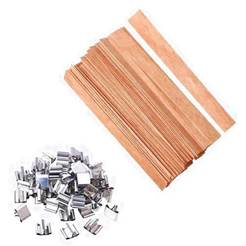 DKMEMR 100pcs Wooden Candle Wicks - 5.1 X 0.5 inch Crackling Wood Wick with Iron Stand Friendly Smokeless Candle Wicks for DIY Candles (50 Set)