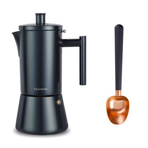 Easyworkz Diego Stovetop Espresso Maker Stainless Steel Bundled with Stainless Steel Long Hollow Handle Coffee Scoop