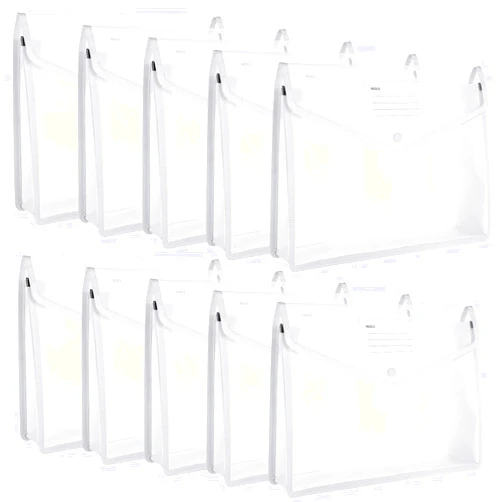 Epakh 10 Pieces Plastic File Folders Envelope Expanding File Wallet Organizer Documents Folder with Snap Closure and Pocket, A4 Size Waterproof Transparent File Pouch(White,Horizontal)