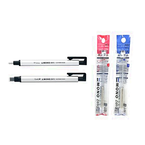 Tombow Mono Zero Eraser Set Includes Round & Square Eraser Holders (4 Total) & Refills (Choose Color) - Silver