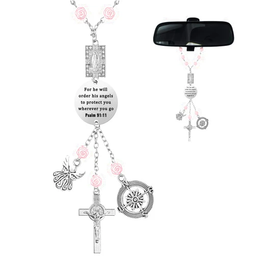 Quelay Car Rosary for Rearview Mirror Cross Car Charm Rosary for Car Mirror Hanging Psalm 91: 11 Bible Verse Car Charm Rosary Bracelets Religious Gifts New Driver Guardian Angel Gift for Women