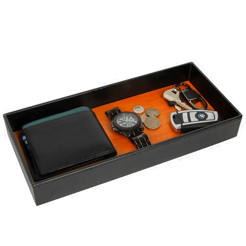 J JACKCUBE DESIGN JACKCUBE Design Leather Bamboo Valet Tray for Men, Catch All Trays for Key, Phone, Wallet, Coin, Sunglasses, EDC Dump Storage (Black) - MK205A