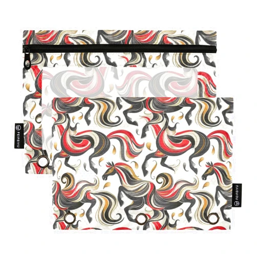 PDYRLEN Binder Pencil Pouches, Horse Linart Pattern Pencil Case with Clear Window 3 Rings Pen Case Holder Office Supplies