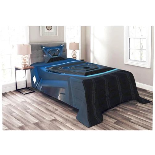 Lunarable Outer Space Bedspread, Cosmos Robots and Androids World Stardust Vision Comics Fictional Universe, Decorative Quilted 2 Piece Coverlet Set with Pillow Sham, Twin Size, Blue White