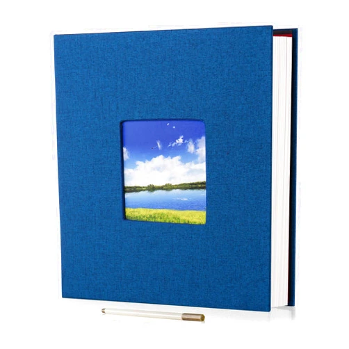 HoneyTolly Large Photo Album Self Adhesive with Picture Display Window, DIY Scrapbook Album for 4x6 8x10 Pictures, 40 Pages Linen Cover Memory Book with Scraper and Metallic Pen(Blue)