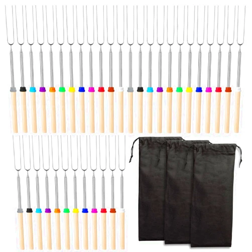 Eccliy 36 Pcs Marshmallow Roasting Sticks Campfire Smores Skewers for Fire Pit 32 Inch Long Extendable Fork Smores Sticks with Wooden Handle 3 Pcs Storage Bag for Cooking Grill Hot Dog Camping Accessories