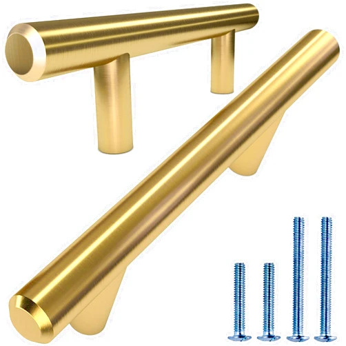 ALPINE HARDWARE PREMIUM SOLID Euro Style Bar Handle Pull-25Pack ~3 In Hole Center & 5 3/8 In Length-Heavy Stainless Steel Bar Handle Pull W/ Satin Gold/Brass Finish-AMERICAN Owned Cabinet Hardware