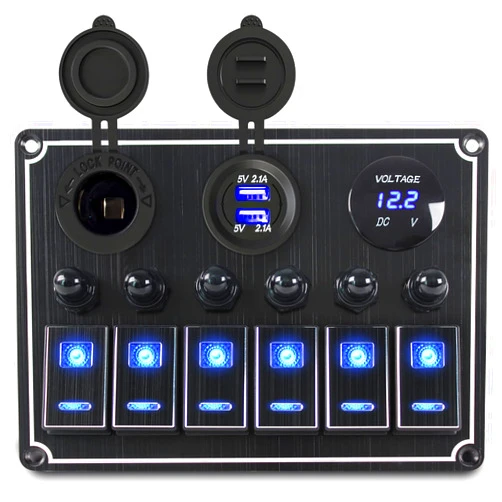Xhtechnology Rocker Switch Panel – 6 Gang Aluminum Toggle Switch Panel, 12V/24V Switch Panel with Voltmeter 4.2A Dual USB Charger Port Power Outlet, 5 Pin On-Off for Automotive Boat Truck Jeep RV UTV (Black)