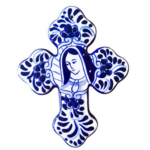 MAYANSHUL Hand Painted Talavera Wall Cross Decor, Virgin of Guadalupe Blue Cobalt and White Design, Ceramic Cross Handmade in Mexico, 8.5