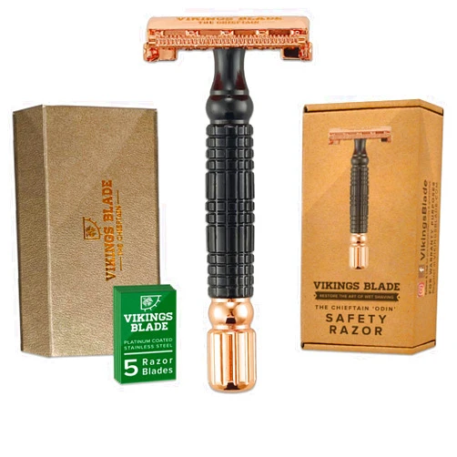 VIKINGS BLADE Double Edge Safety Razor for Men + 5 Swedish Steel Blades + Luxury Case. Smooth, Reusable, Eco-Friendly (Chieftain “Odin”)