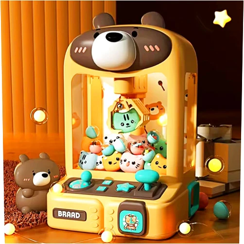 Triflice Claw Machine for Kids, Mini Vending Machine with Music, Prize Dispenser Toys for Girls and Boys, Electronic Claw Game Machine for Party Birthdays, Includes 10 Mini Toys (Brown)