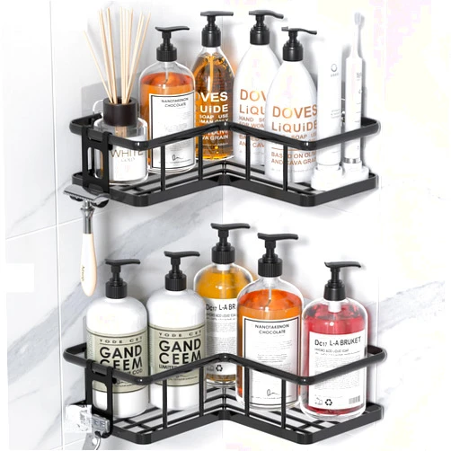 YASONIC Corner Shower Caddy 2 Pack, No Drill Adhesive Shower Storage Shelves, Rustproof Stainless Steel Wall Mounted Bathroom Organizer Shelf with 2 Removable Hooks for Dorm & Renters, Black