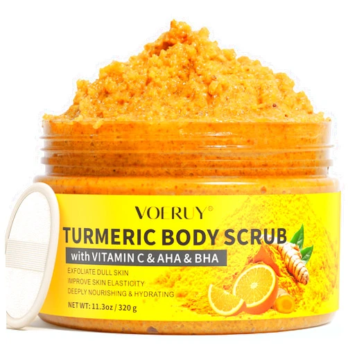 VOERUY Turmeric Body Scrub, 10% AHA/BHA & Vitamin C Exfoliating Body Scrub, Body Exfoliator for Body Hand Foot Bikini Area, Smooth & Moisturized Skin for Women and Men - 11.3oz
