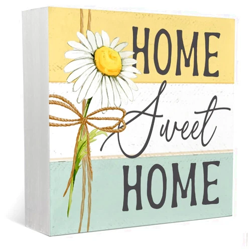 CosrKee 7x7 Inch Summer Yellow Daisy Decor, Home Sweet Home Wooden Box Sign, Daisy Bathroom Decor, Daisy Decorations for Home Desk Table Shelf, Tiered Tray Decor, TV Stand Decor, style-8