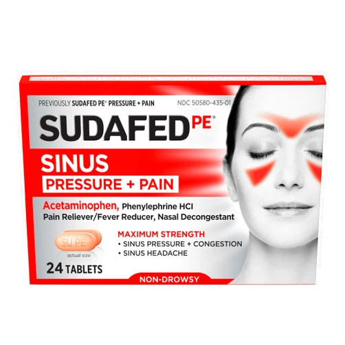 Sudafed PE Sinus Pressure + Pain Relief Tablets, Maximum Strength, Non-Drowsy, OTC Sinus Relief Medicine with Acetaminophen Pain Reliever & Phenylephrine HCl Nasal Decongestant, 24 ct