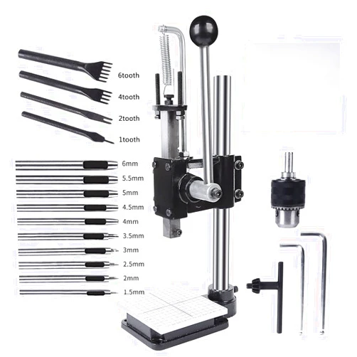MOFIST Leather Hole Puncher Hand Punching Machine Manual Press Puncher Punch Tools for DIY Leather Craft Punching Holes with Drill Chuck,PP Plate and Aluminum Plate (Square Head)