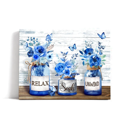 BAVEQAS Farmhouse Bathroom Decor, Navy Blue Hydrangea Wall Art - Canvas Prints with Relax, Soak, Unwind Quotes - Country Style Modern Home Decor, Framed Ready to Hang, 12x16 inch