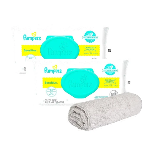 PURPUR Cloth & Pampers Sensitive Baby Wipes, Water Based, Hypoallergenic and Unscented, 2 Pop-Top Packs (112 Total)