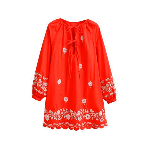 Joiemont Womens Embroidered Long Sleeve Mini Dress Loose Fit Vintage Embroidery Dress with Double Neckline Self Tie
