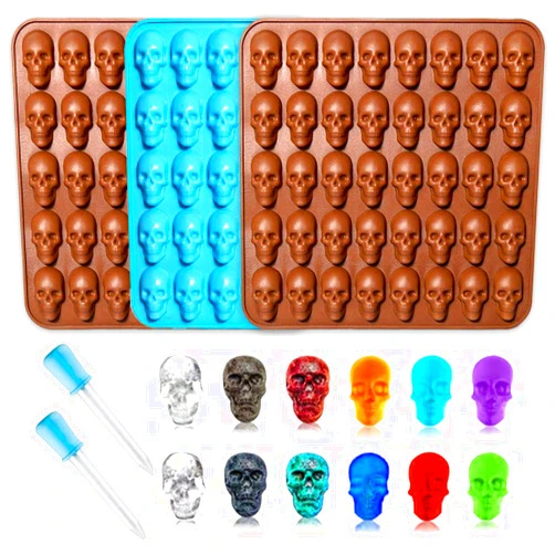 YXYJGOBUY Gummy Skull Candy Molds,3-Pack 40 Cavity Silicone Skull Molds with 2 Droppers for Gummy,Candy,Jelly,Chocolate,Wax Melt,Dog Treats,Ice Cube