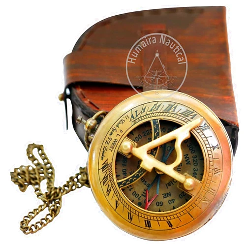 Aysha Nautical Brass Sundial Compass with Leather Case and Chain - Push Open Compass - Steampunk Accessory - Antiquated Finish - Beautiful Handmade Gift -Sundial Clock
