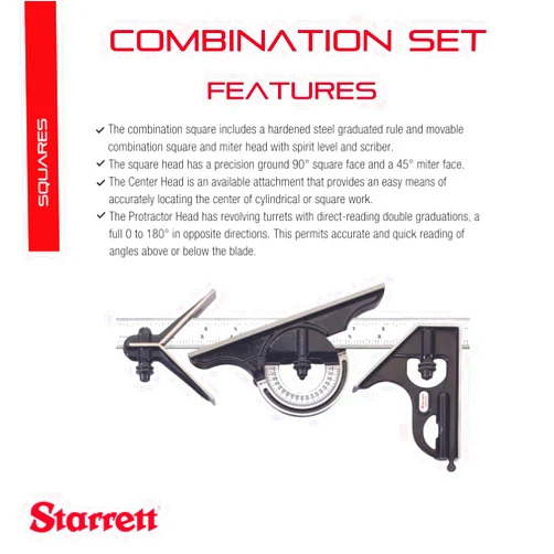 Starrett Combination Set with Square, Center and Reversible Protractor Head and Blade - 12