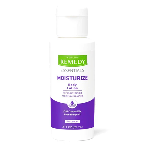 Medline Remedy Essentials Moisturizing Body Lotion (2 oz Bottle), Unscented, Travel-Size, Hydrating, Non-Greasy, For Dry Skin, Hypoallergenic, Men, Women, Elderly
