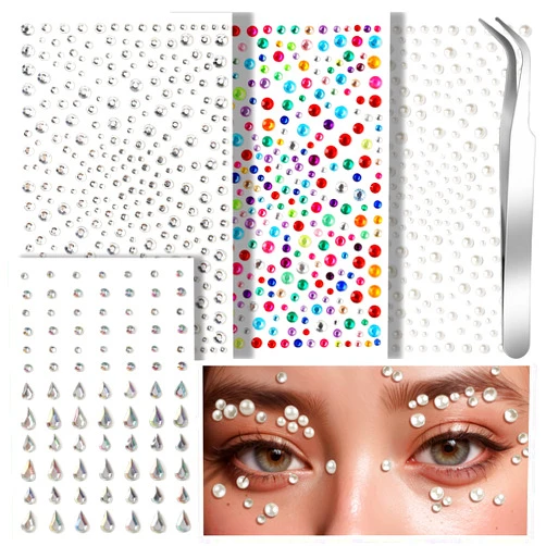 Teenitor Self Adhesive Face Gems and Pearls for Makeup, Festival Jewels, Hair Gems, Rhinestone Stickers for Face, Eye, Makeup, Nail, Body, Crafts