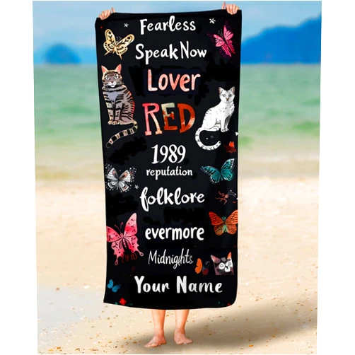 Springcos Custom Beach Towel Cat Butterfly Towel Concert Gift Black