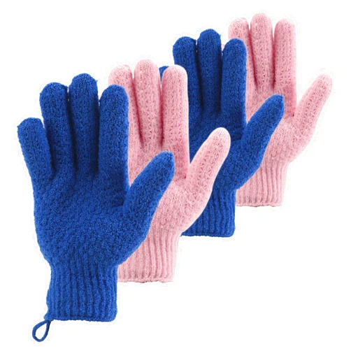 Cleedy Bath Exfoliating Gloves Scrub - 4 pcs (2 Pair) Lengthened and Large Exfoliating Scrubbing Gloves for Shower, Spa, Massage - Scrub Exfoliating Mitts for Body, Face, Hand and Foot（Blue and Pink）