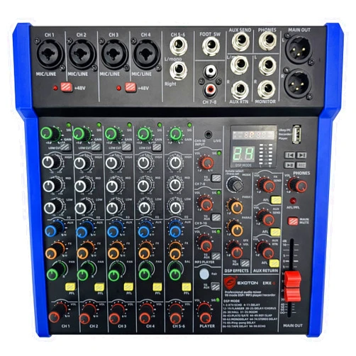 EXOTON Professional Audio Mixer Console, 6 Channel with USB, Bluetooth, MP3 Input, 48V Phantom Power, Ideal for Studio, Live Performance, and DJ Use